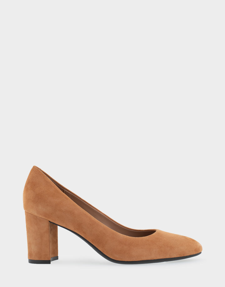 Comfortable Women's Mid Heel Pump in Tan Genuine Suede Side View