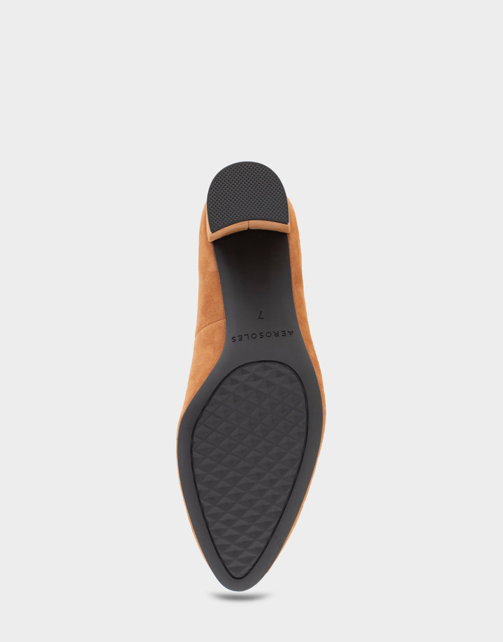 Comfortable Women's Mid Heel Pump in Tan Genuine Suede Bottom View