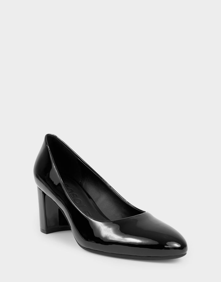 Comfortable Women's Pump In Black Patent Faux Leather Side Angle View