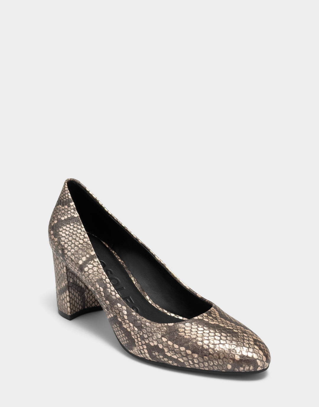 Comfortable Women's Mid Heel Pump in Champagne Snake Print Faux Leather Side Angle View