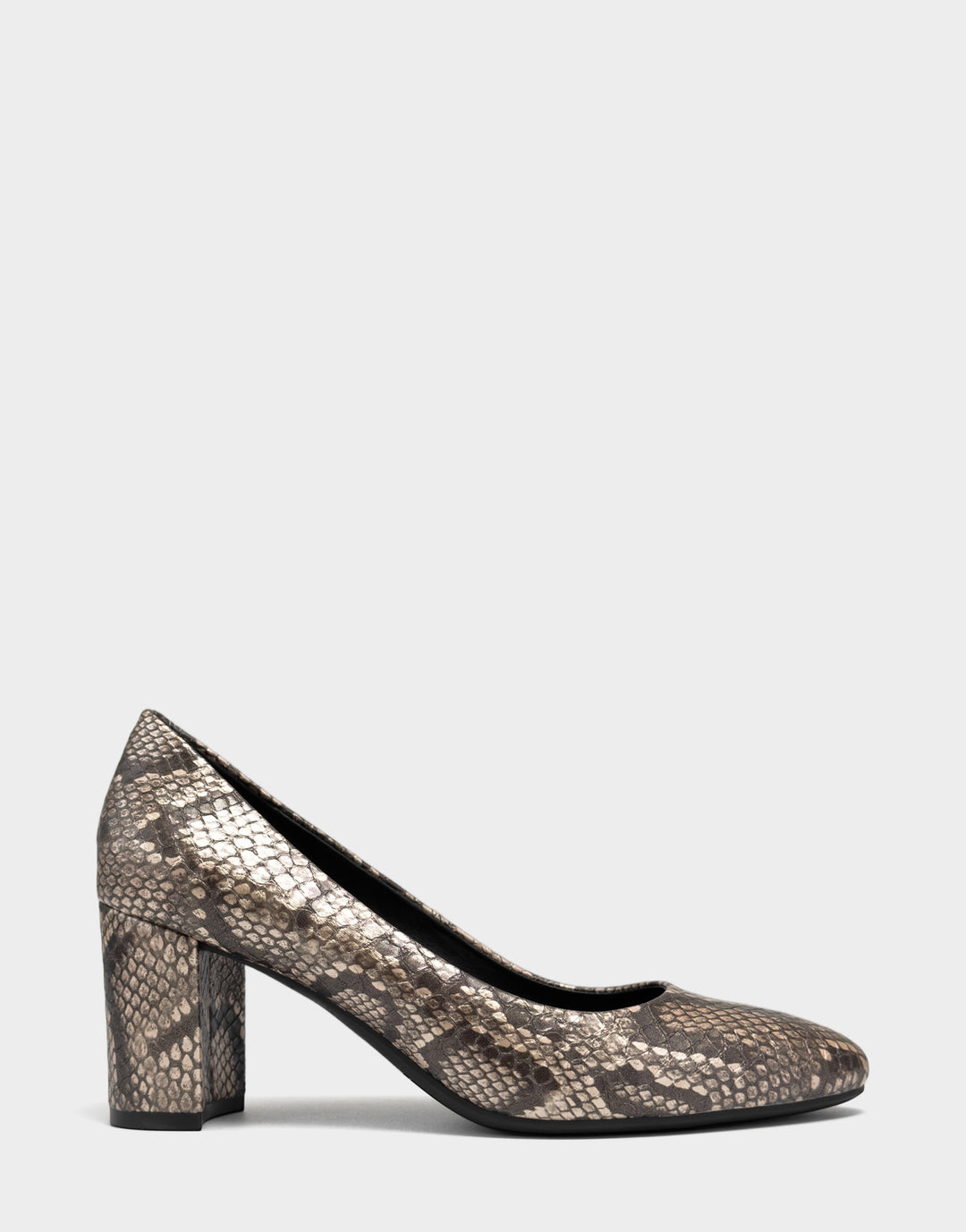 Comfortable Women's Mid Heel Pump in Champagne Snake Print Faux Leather Side View