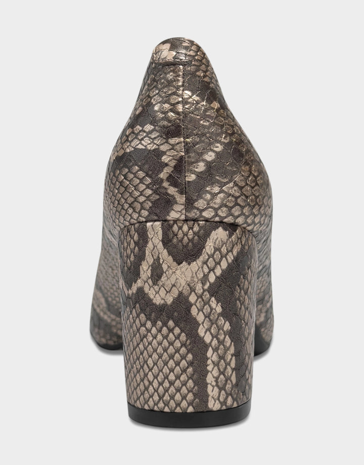 Comfortable Women's Mid Heel Pump in Champagne Snake Print Faux Leather Back View