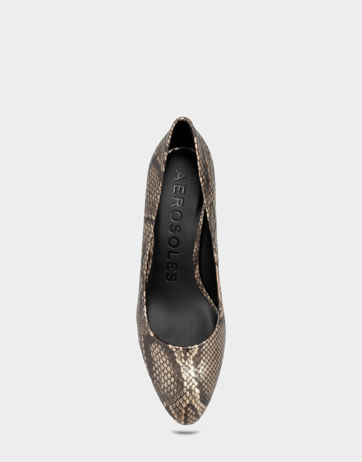 Comfortable Women's Mid Heel Pump in Champagne Snake Print Faux Leather Full Front View
