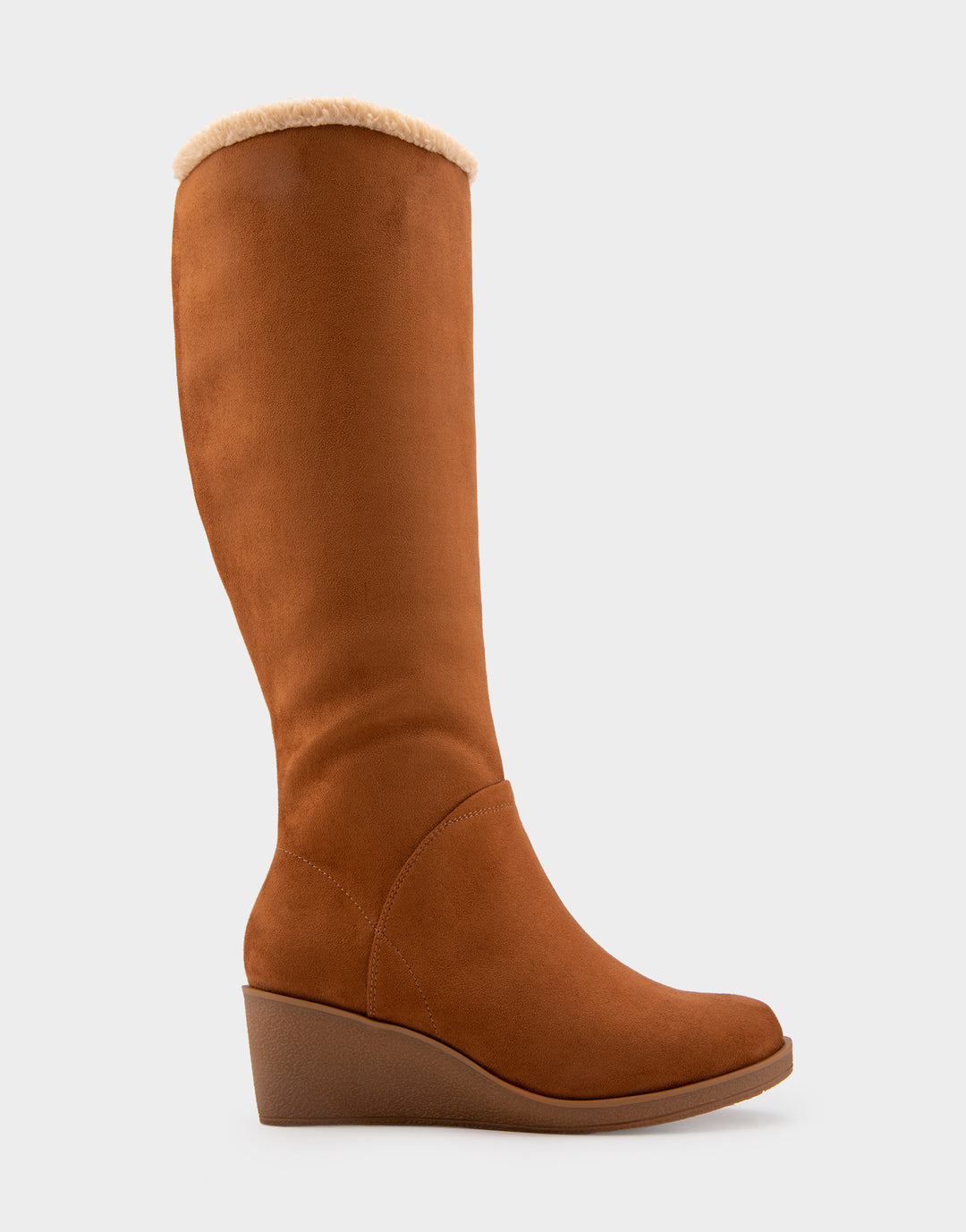Comfortable Women's Faux Shearling Trimmed Knee High Wedge Boot in Tobacco Faux Suede Side View