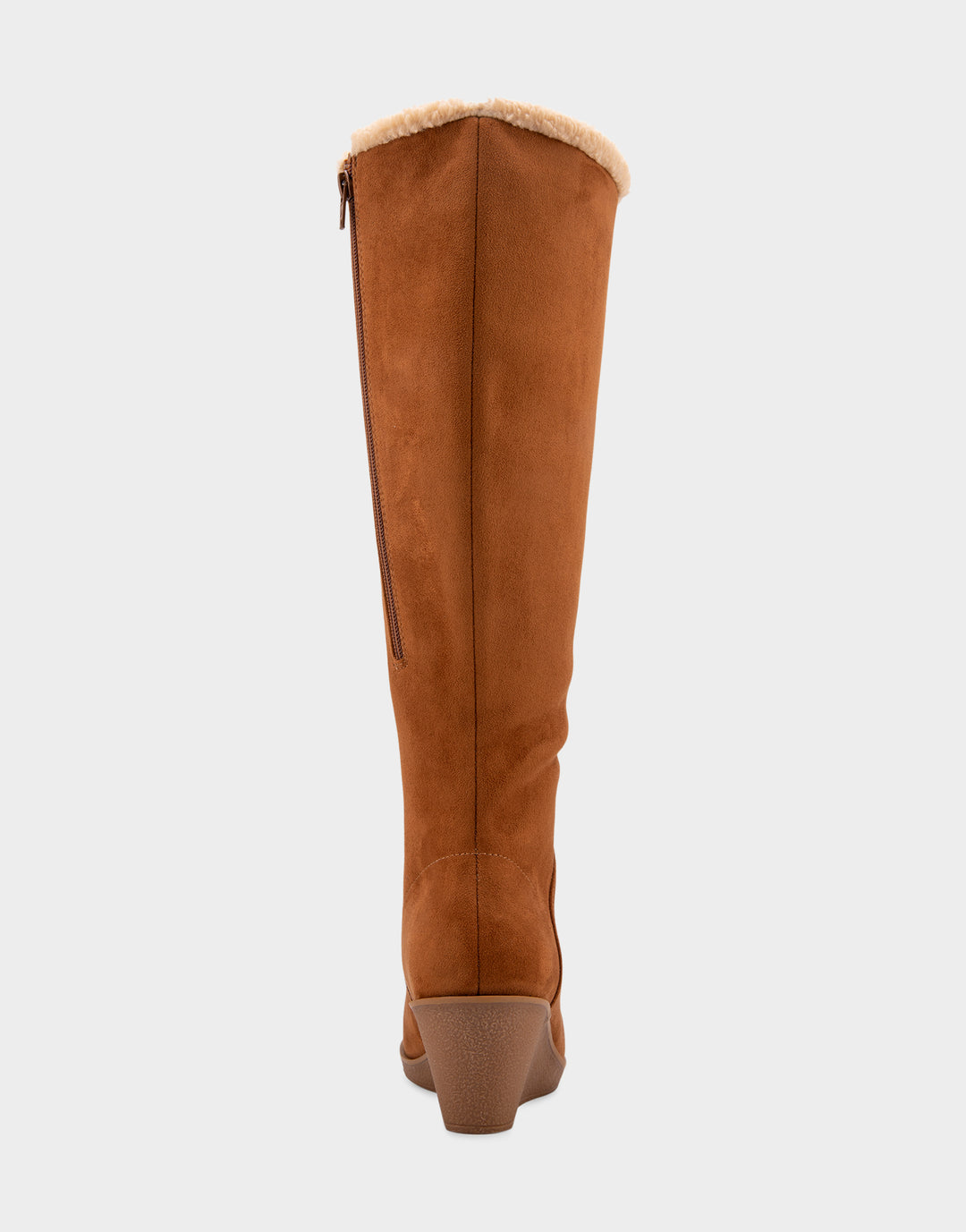 Comfortable Women's Faux Shearling Trimmed Knee High Wedge Boot in Tobacco Faux Suede Back View