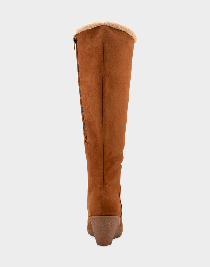 Comfortable Women's Faux Shearling Trimmed Knee High Wedge Boot in Tobacco Faux Suede Back View