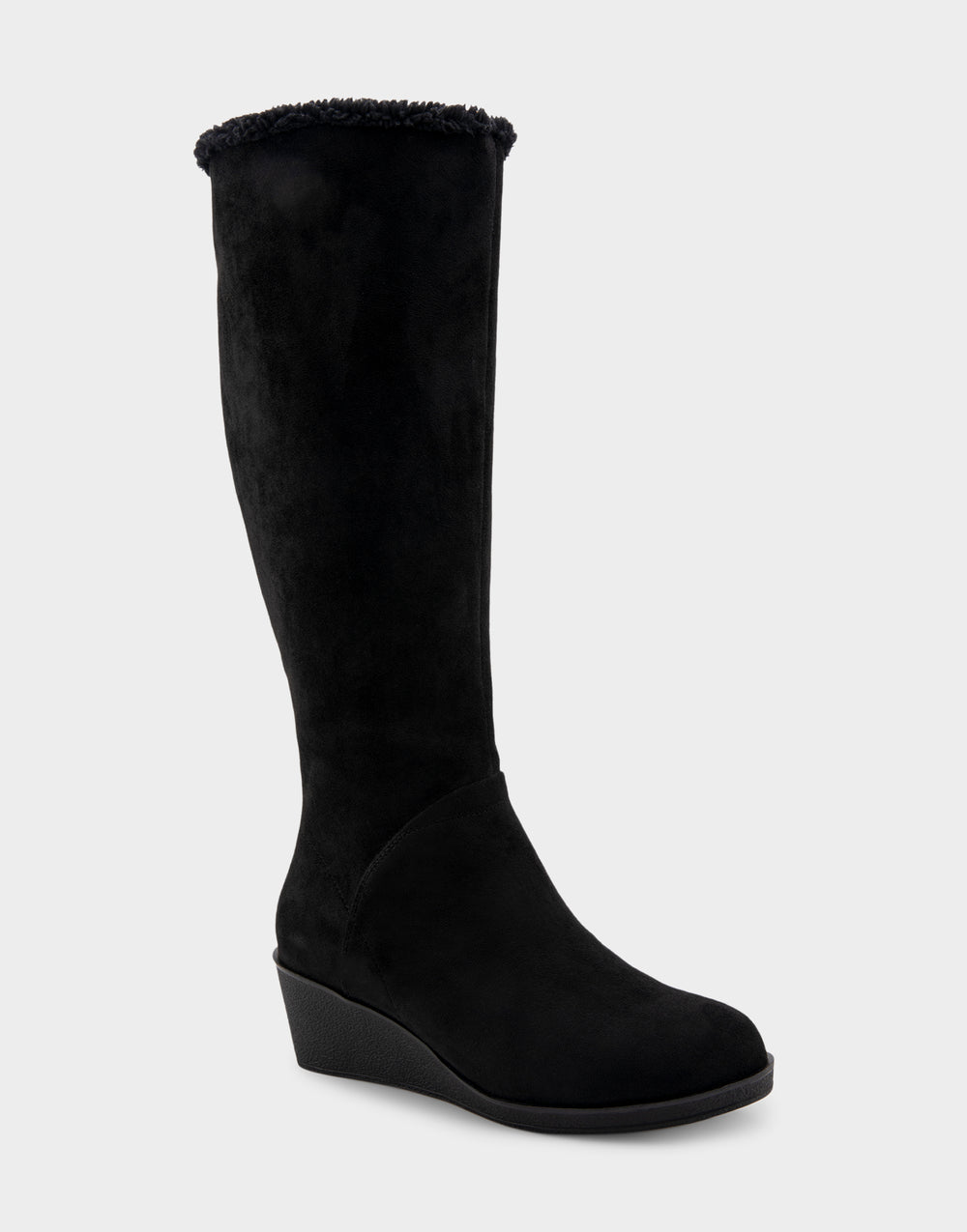 Comfortable Women's Faux Shearling Trimmed Knee High Wedge Boot in Black Faux Suede Side Angle View