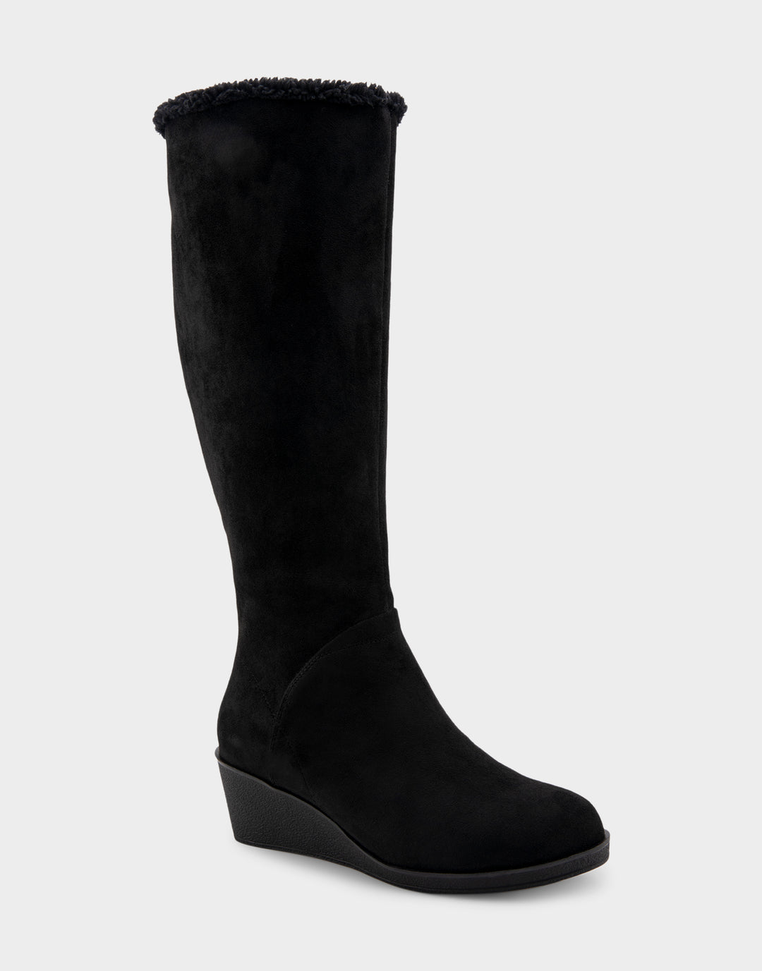 Comfortable Women's Faux Shearling Trimmed Knee High Wedge Boot in Black Faux Suede Side Angle View