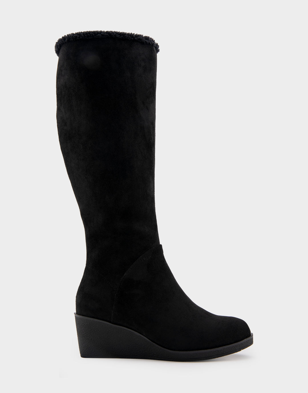 Comfortable Women's Faux Shearling Trimmed Knee High Wedge Boot in Black Faux Suede Side View