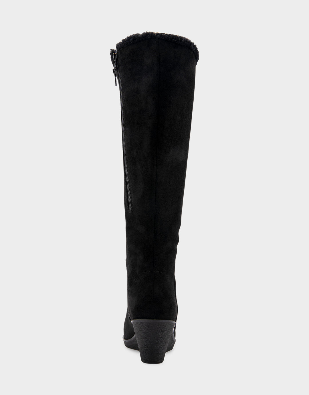 Comfortable Women's Faux Shearling Trimmed Knee High Wedge Boot in Black Faux Suede Back View