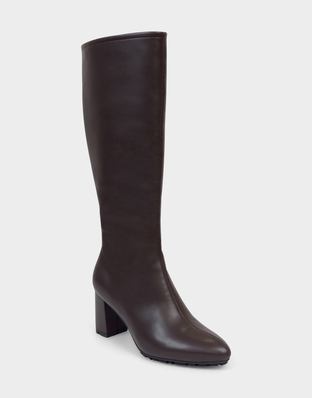 Comfortable Women's Mid Block Heel Boot In Brown Faux Leather Side Angle View