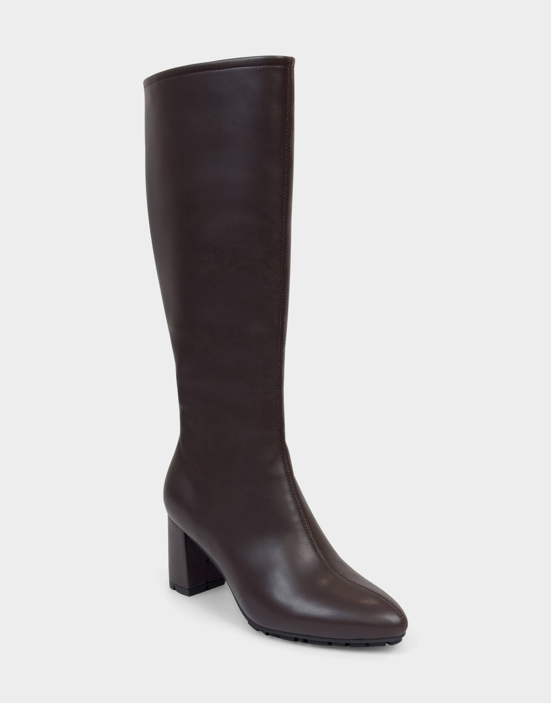 Comfortable Women's Mid Block Heel Boot In Brown Faux Leather Side Angle View