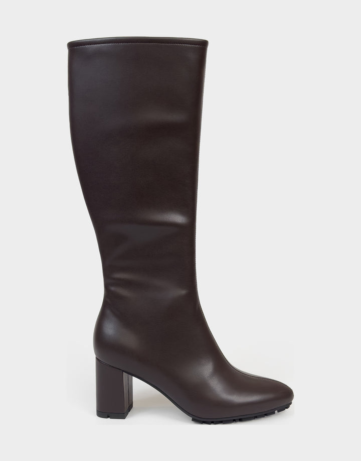 Comfortable Women's Mid Block Heel Boot In Brown Faux Leather Side View