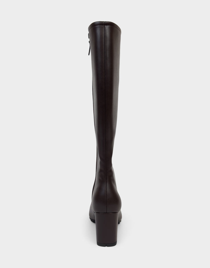 Comfortable Women's Mid Block Heel Boot In Brown Faux Leather Back View