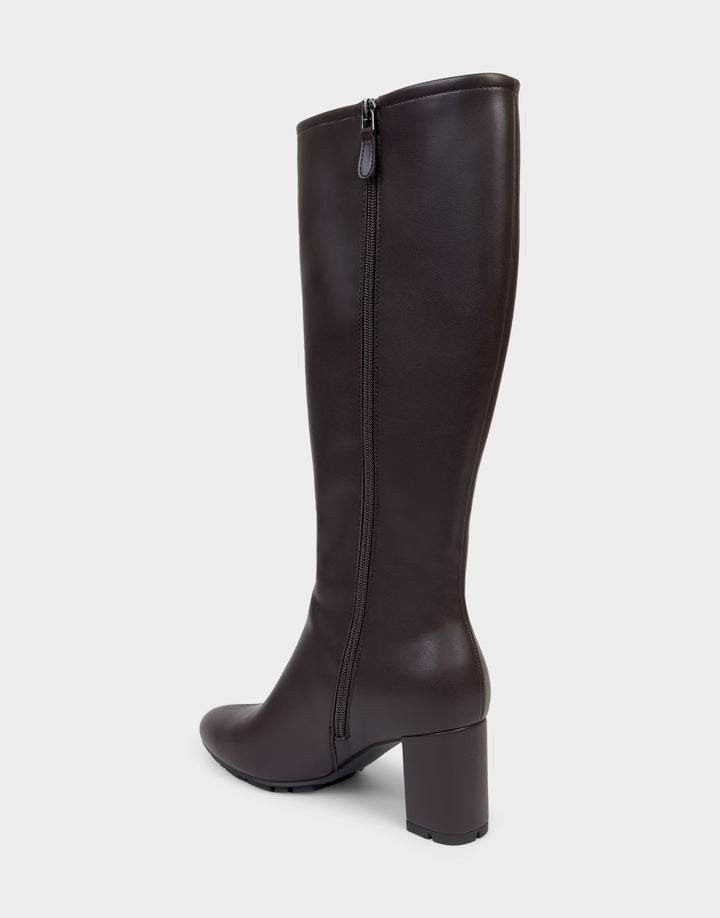 Comfortable Women's Mid Block Heel Boot In Brown Faux Leather Side View With Zipper