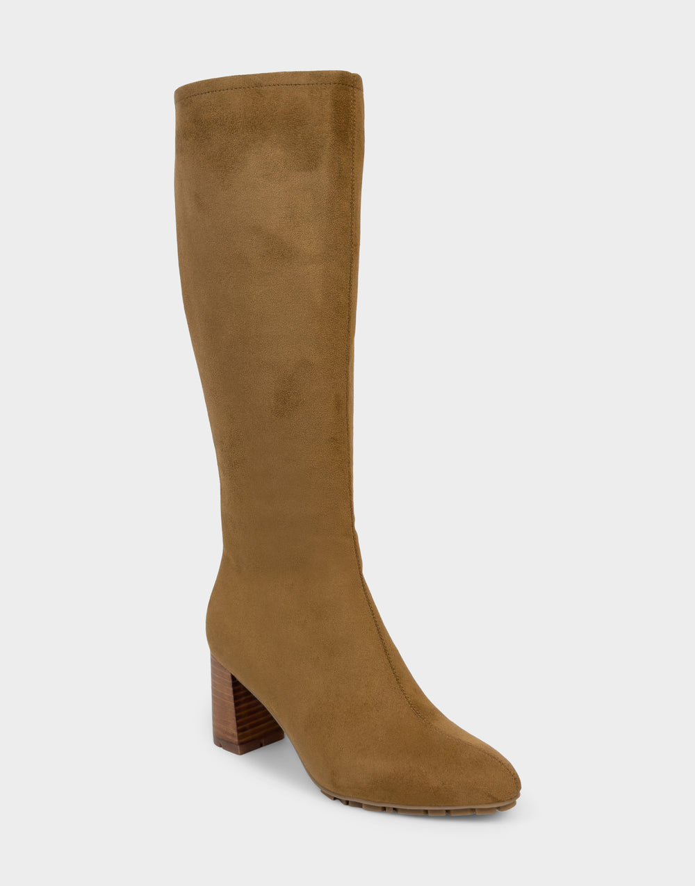 Comfortable Women's Mid Block Heel Boot In Brown Faux Suede Side Angle View