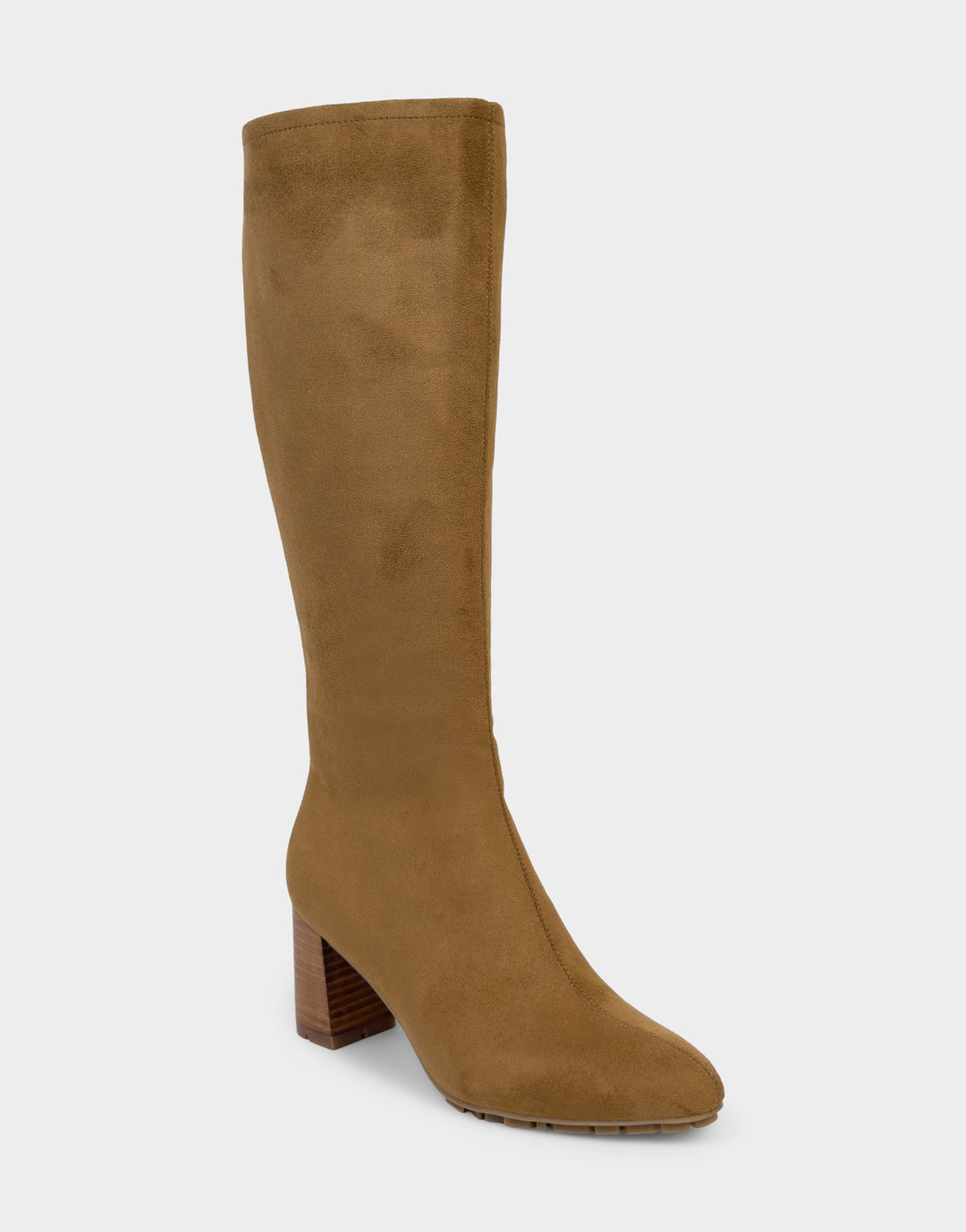 Comfortable Women's Mid Block Heel Boot In Brown Faux Suede Side Angle View