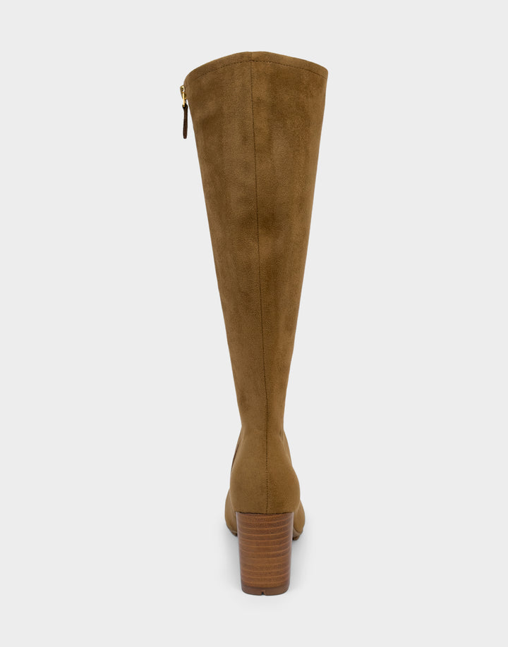 Comfortable Women's Mid Block Heel Boot In Brown Faux Suede Back View
