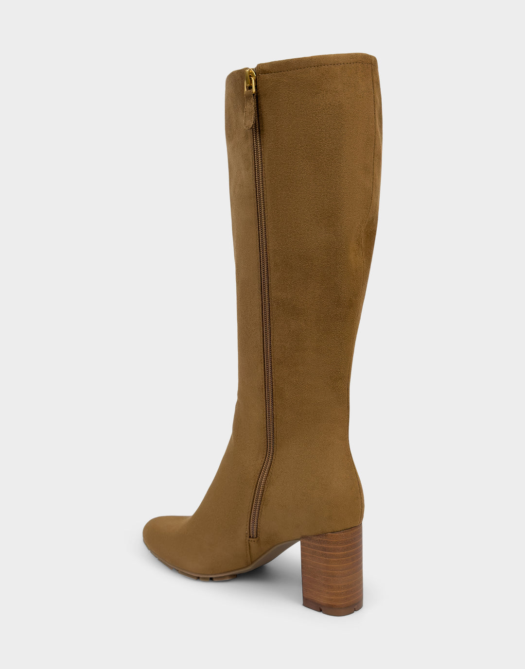 Comfortable Women's Mid Block Heel Boot In Brown Faux Suede Side View With Zipper