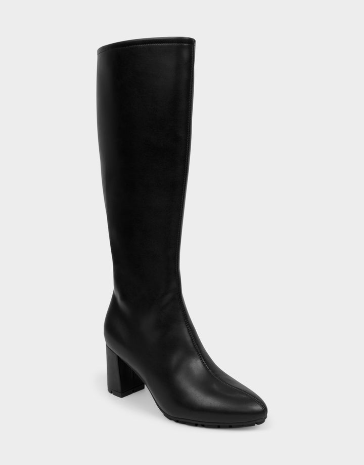 Comfortable Women's Mid Block Heel Boot In Black Faux Leather Side Angle View