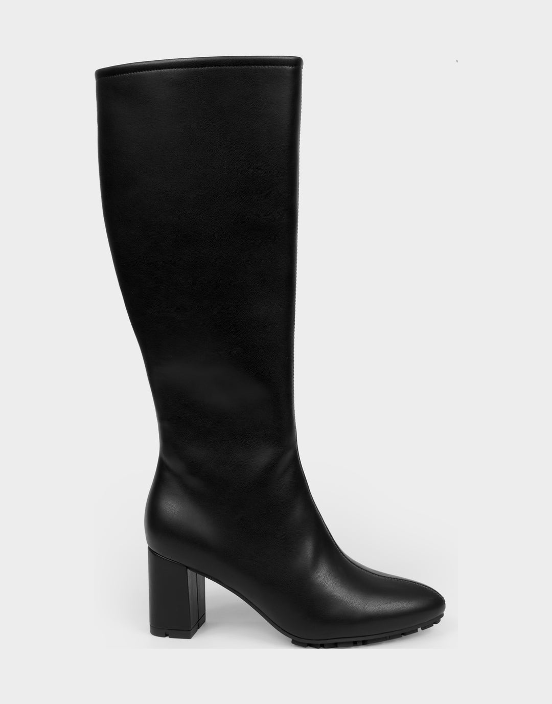Comfortable Women's Mid Block Heel Boot In Black Faux Leather Side View