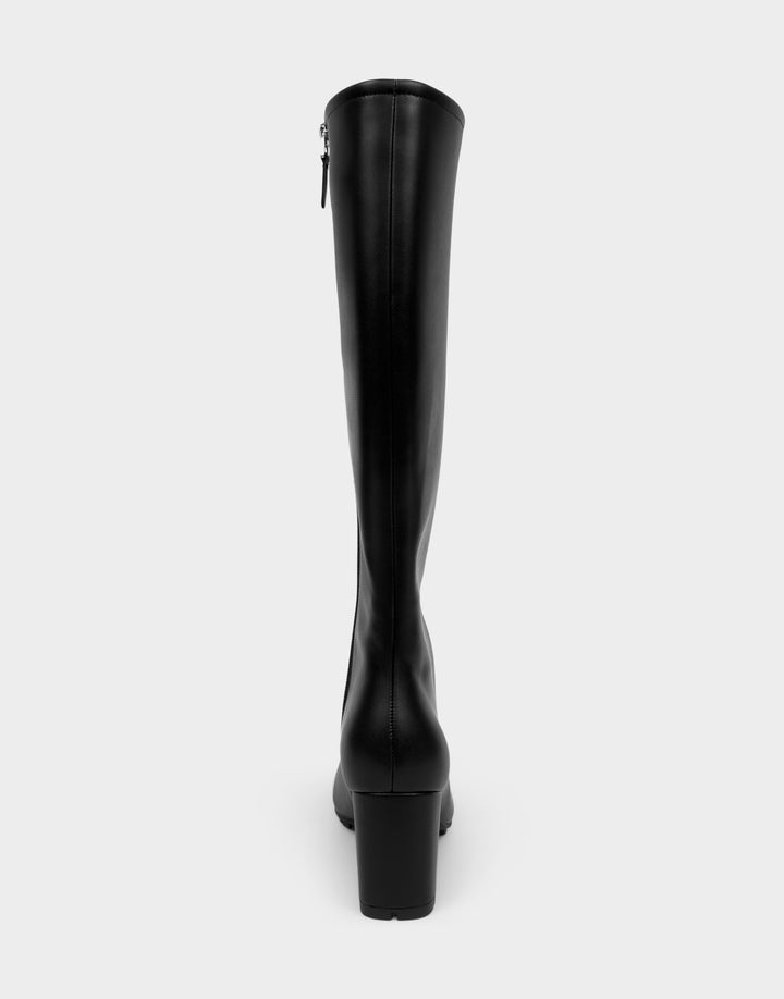 Comfortable Women's Mid Block Heel Boot In Black Faux Leather Back View