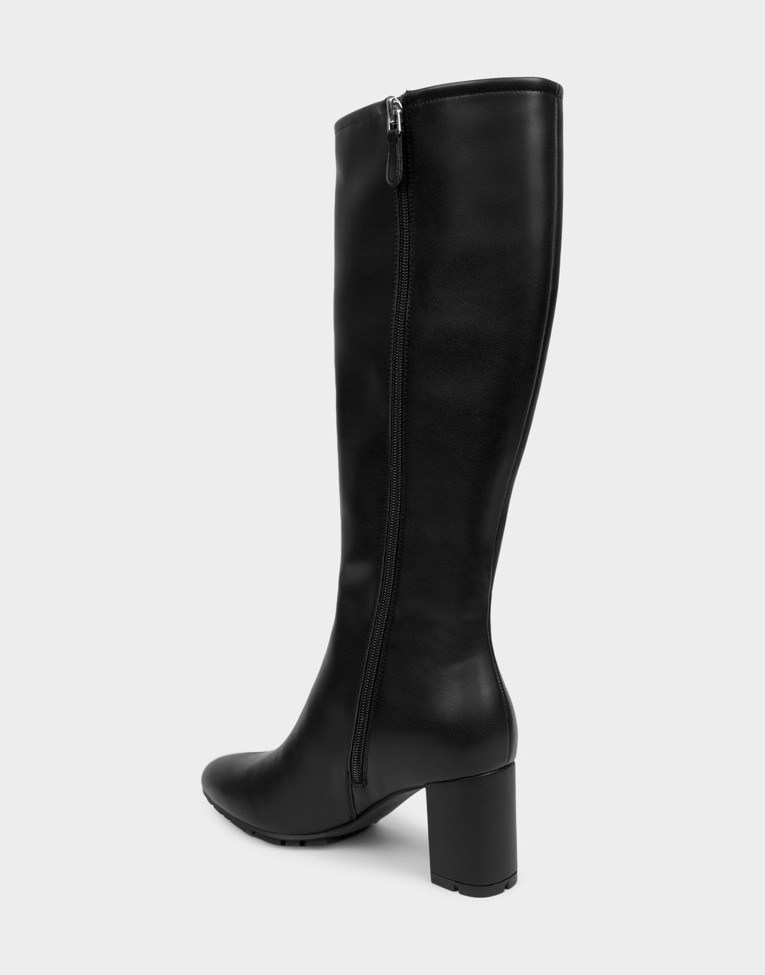 Comfortable Women's Mid Block Heel Boot In Black Faux Leather Side Angle View With Zipper