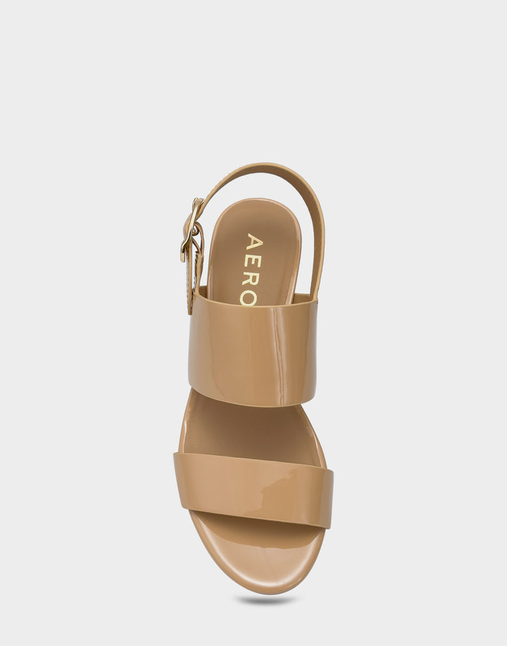 Comfortable Women's Platform Sandal in Beige Bisque Faux Patent Faux Patent Full Front View