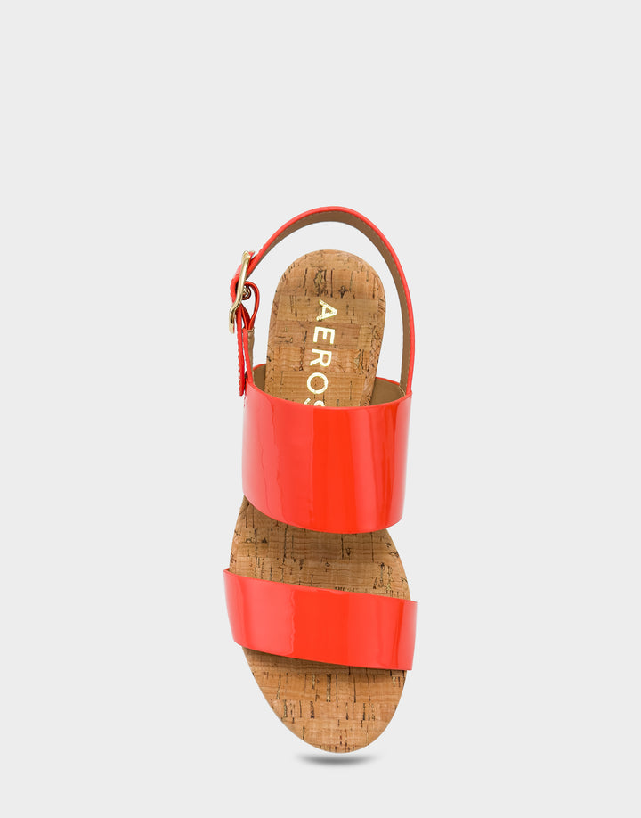 Comfortable Women's Platform Sandal in Orange Faux Patent Full Front View