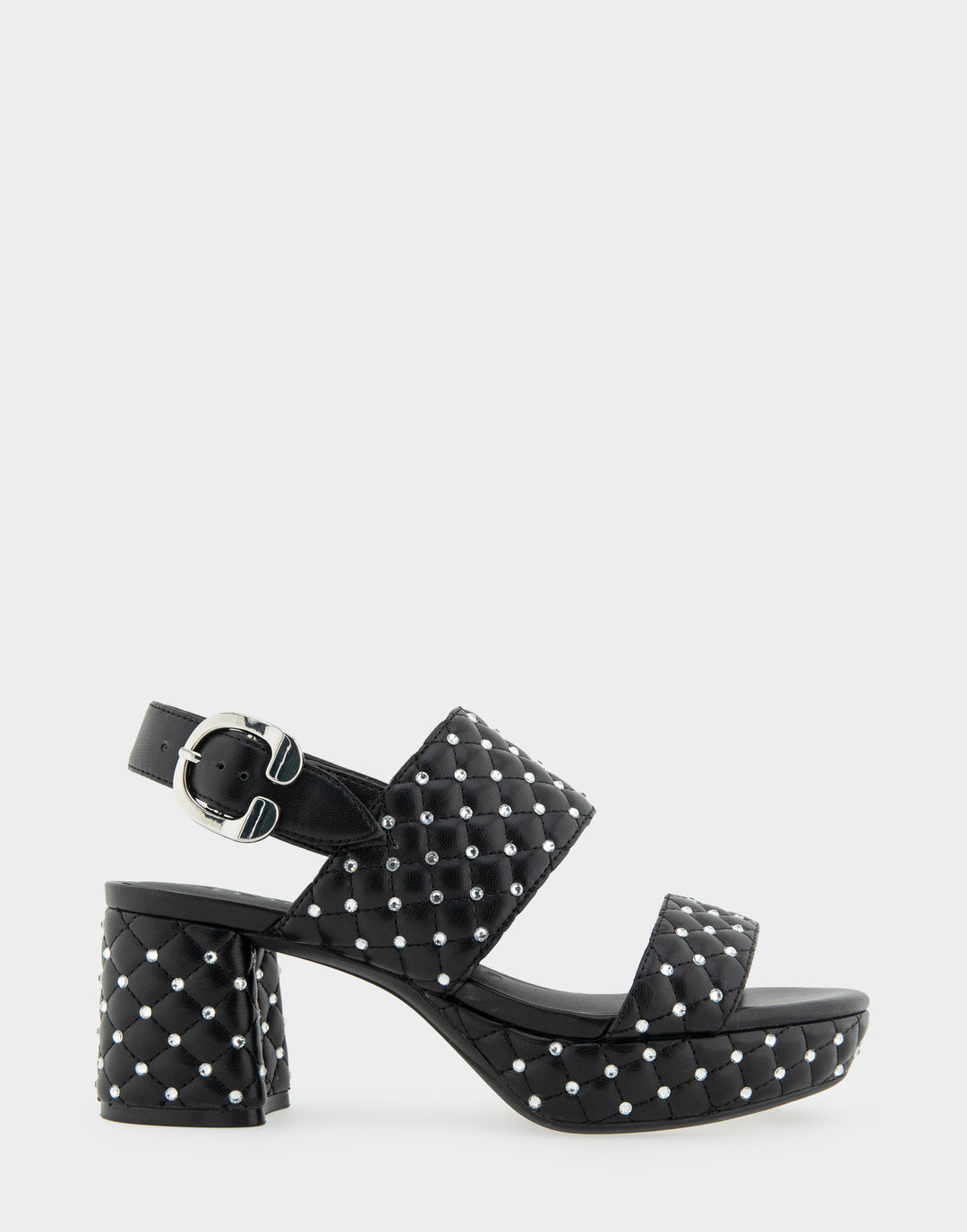 Comfortable Women's Platform Sandal in Black Quilted Faux Leather With Crystals  Side View 
