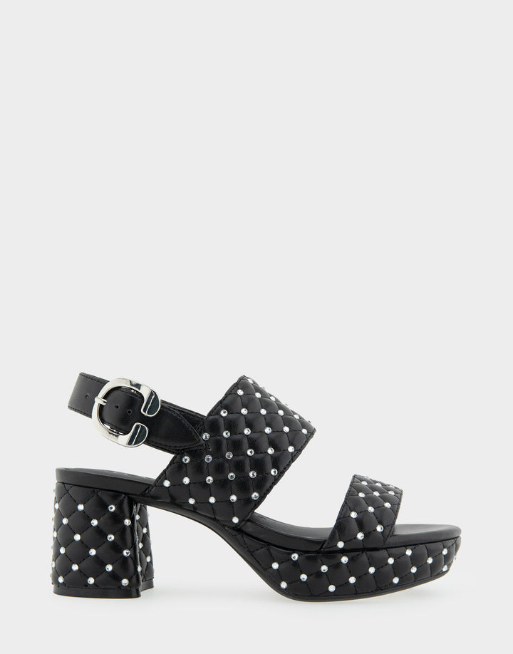 Comfortable Women's Platform Sandal in Black Quilted Faux Leather With Crystals  Side View 
