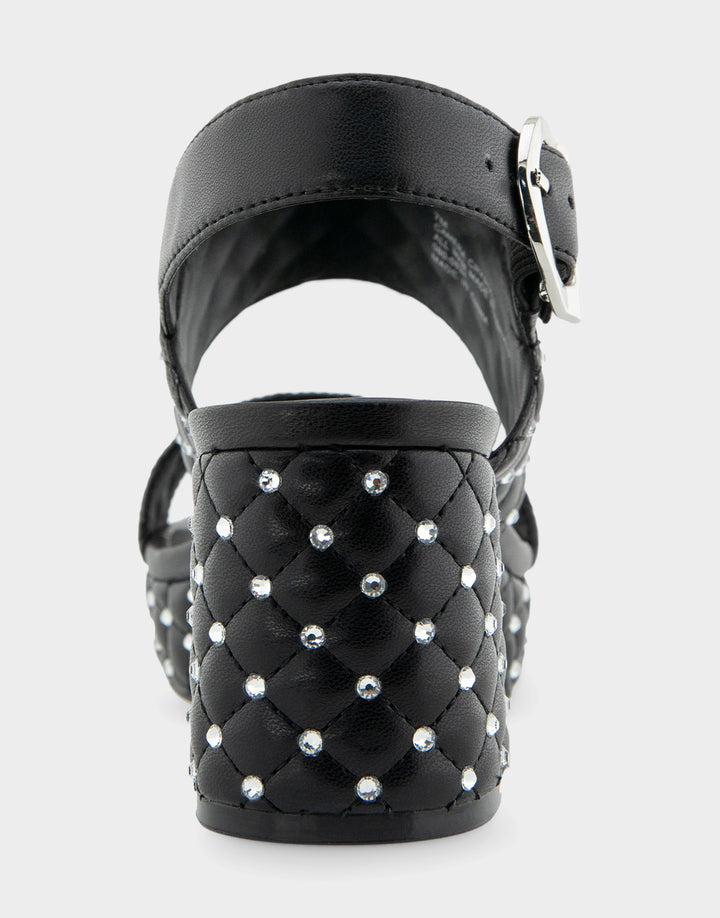 Comfortable Women's Platform Sandal in Black Quilted Faux Leather With Crystals Rear View 
