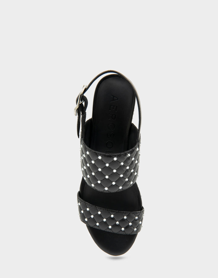 Comfortable Women's Platform Sandal in Black Quilted Faux Leather With Crystals Top View 
