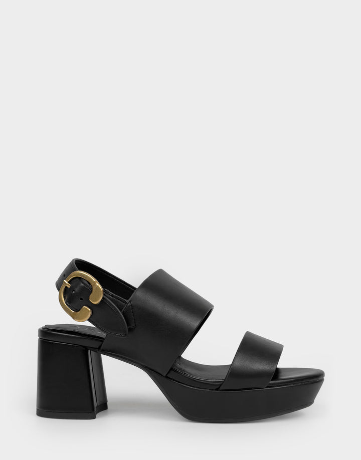 Comfortable Women's Platform Sandal in Black Faux Leather Side View 
