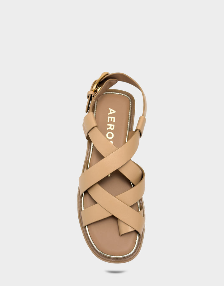Comfortable Women's Flat Sandal in Natural Faux Leather Full Front View