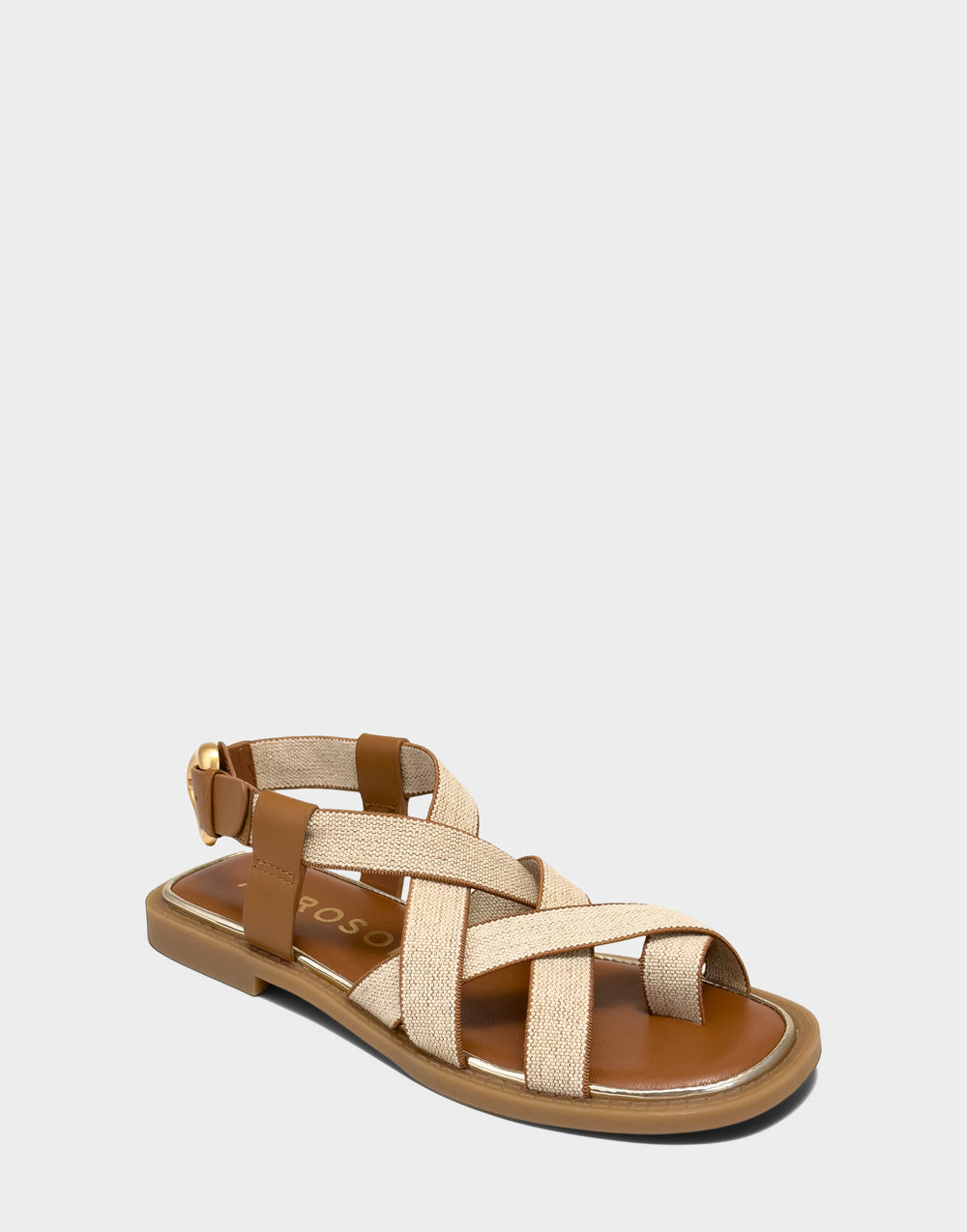 Comfortable Women's Flat Sandal in Natural Elastic Linen Side Angle View