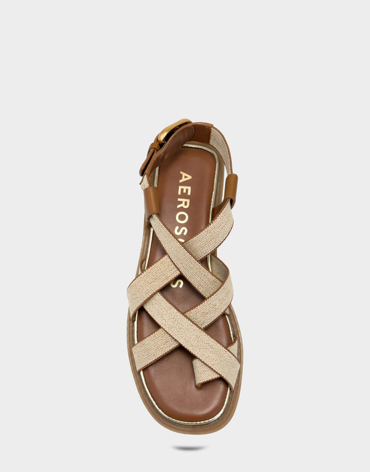 Comfortable Women's Flat Sandal in Natural Elastic Linen Full Front View