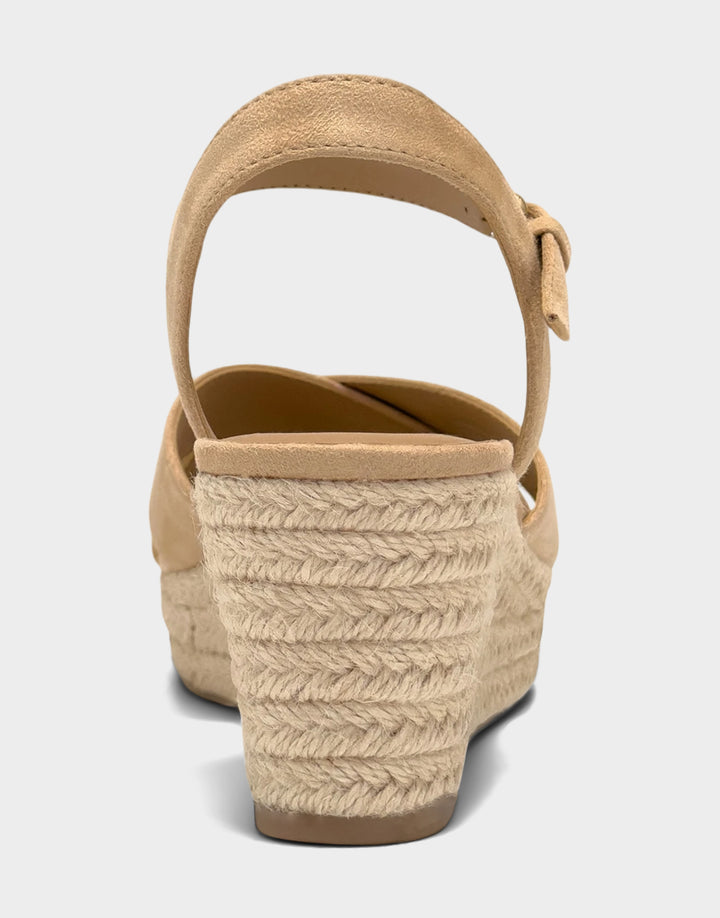 Comfortable Women's Wedge Sandal in Natural Faux Suede Back View