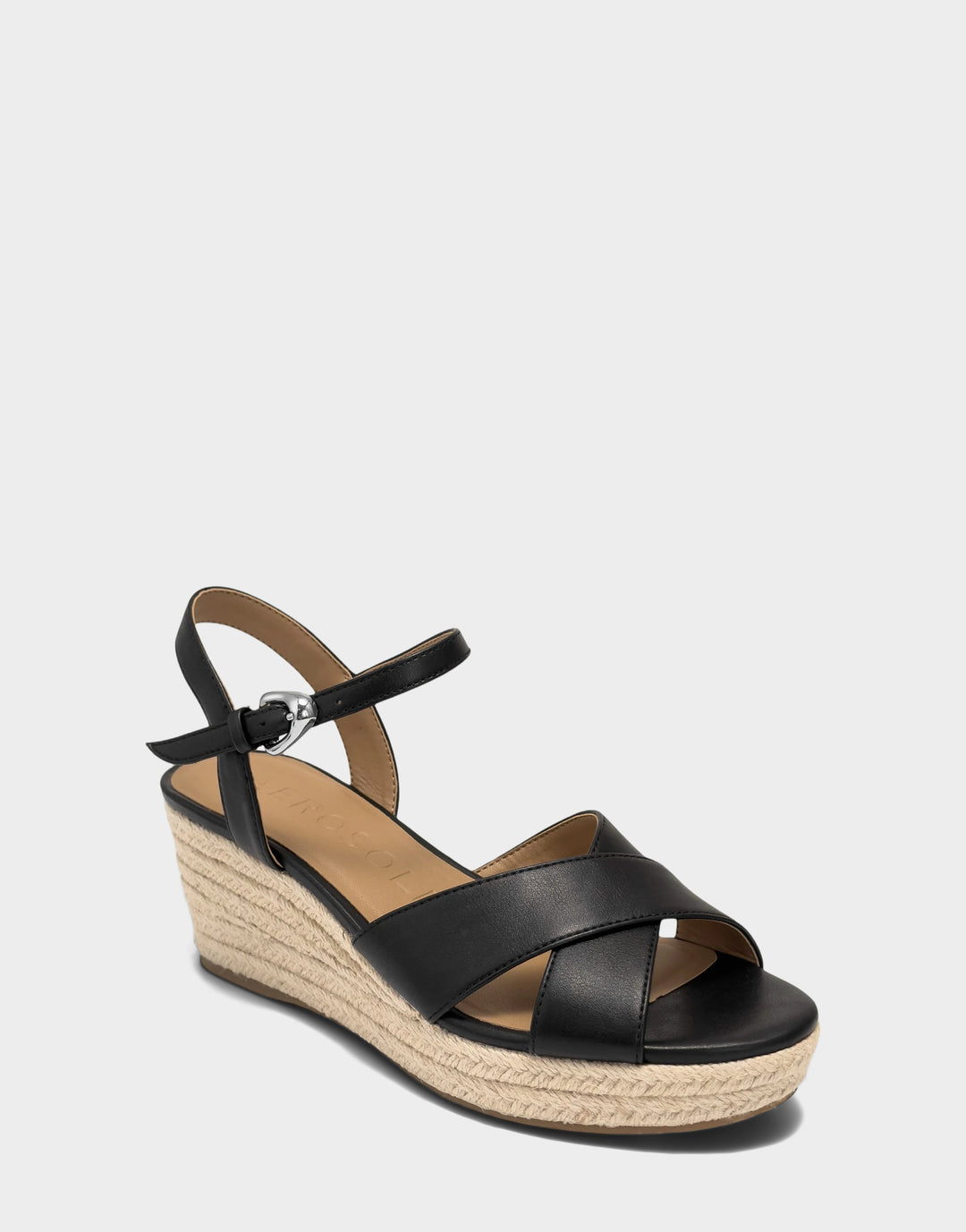 Comfortable Women's Wedge Sandal in Black Faux Soft Leather Side Angle View