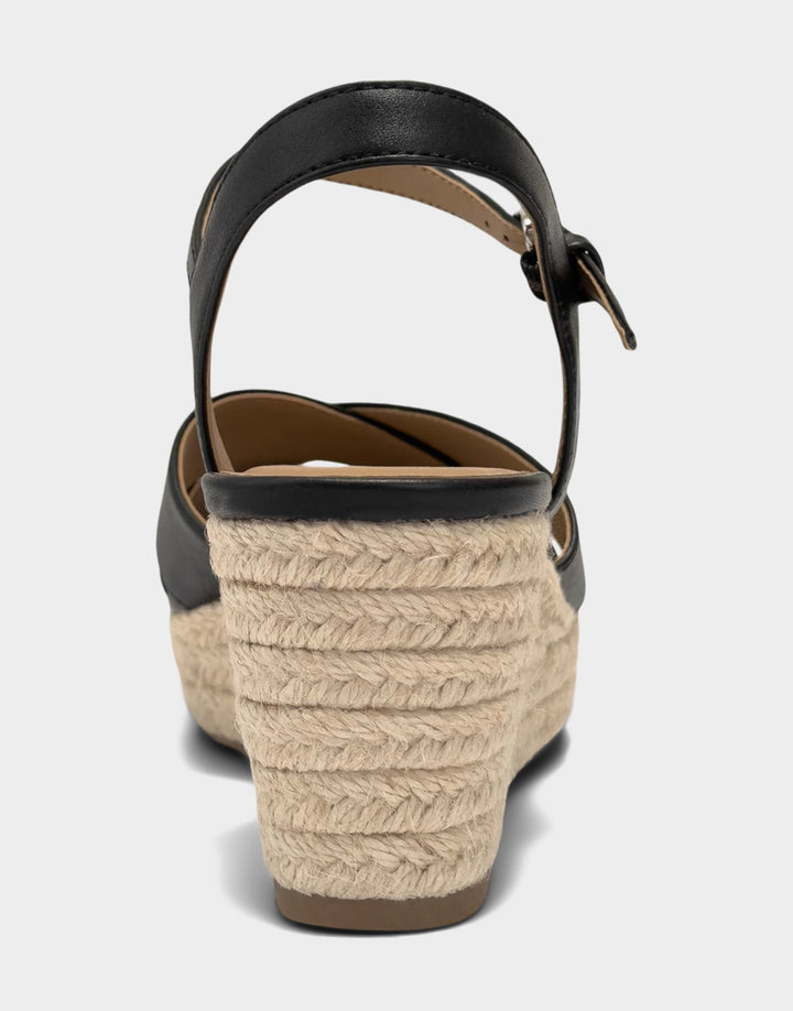 Comfortable Women's Wedge Sandal in Black Faux Soft Leather Back View