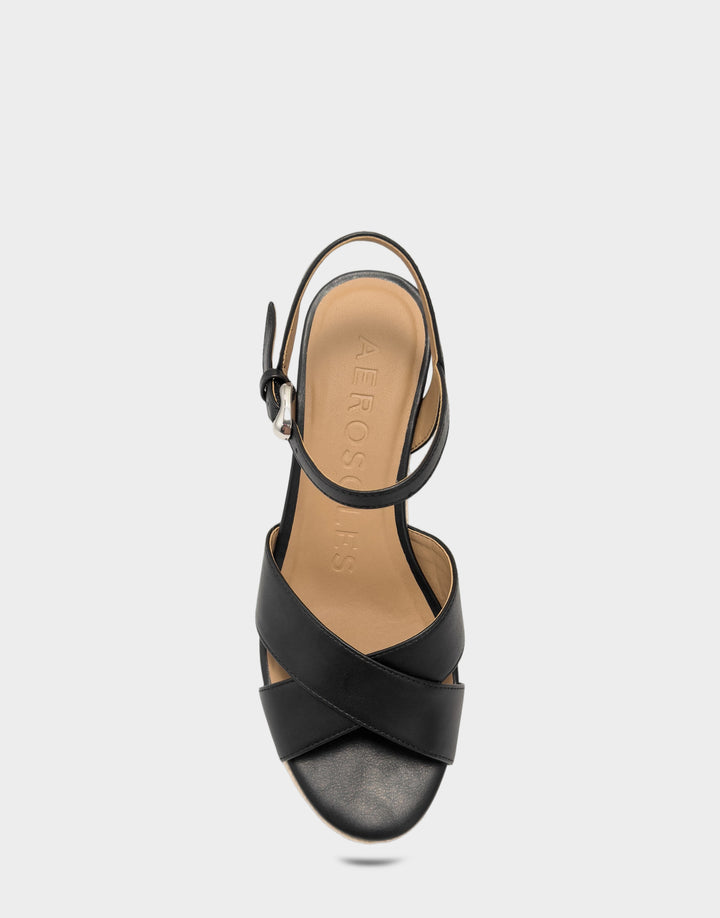 Comfortable Women's Wedge Sandal in Black Faux Soft Leather Full Front View