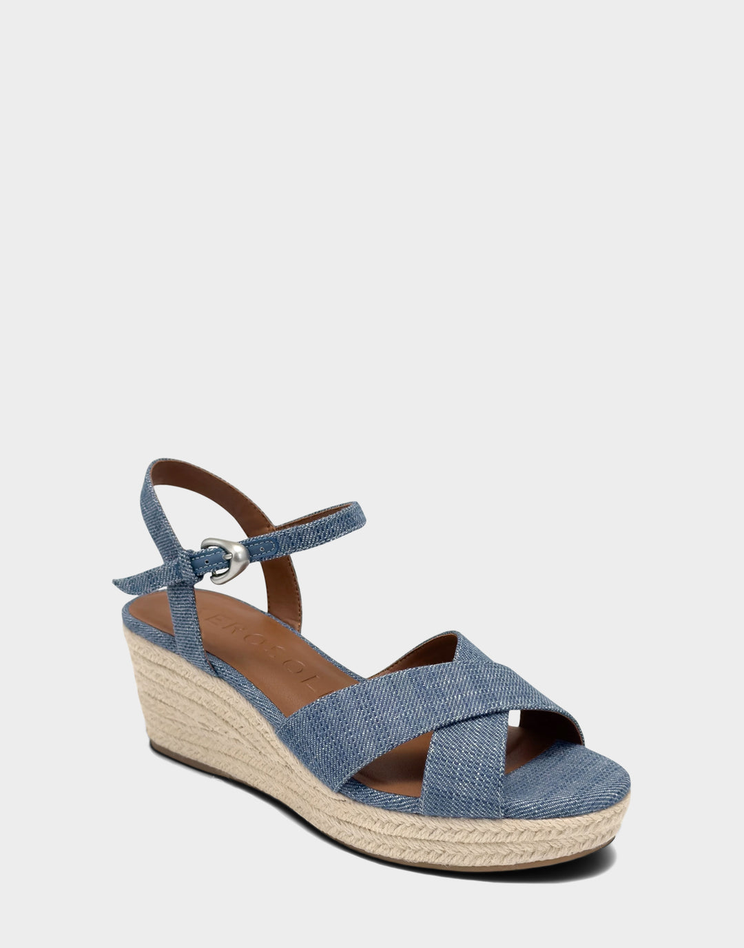 Comfortable Women's Wedge Sandal in Blue Denim Side Angle View
