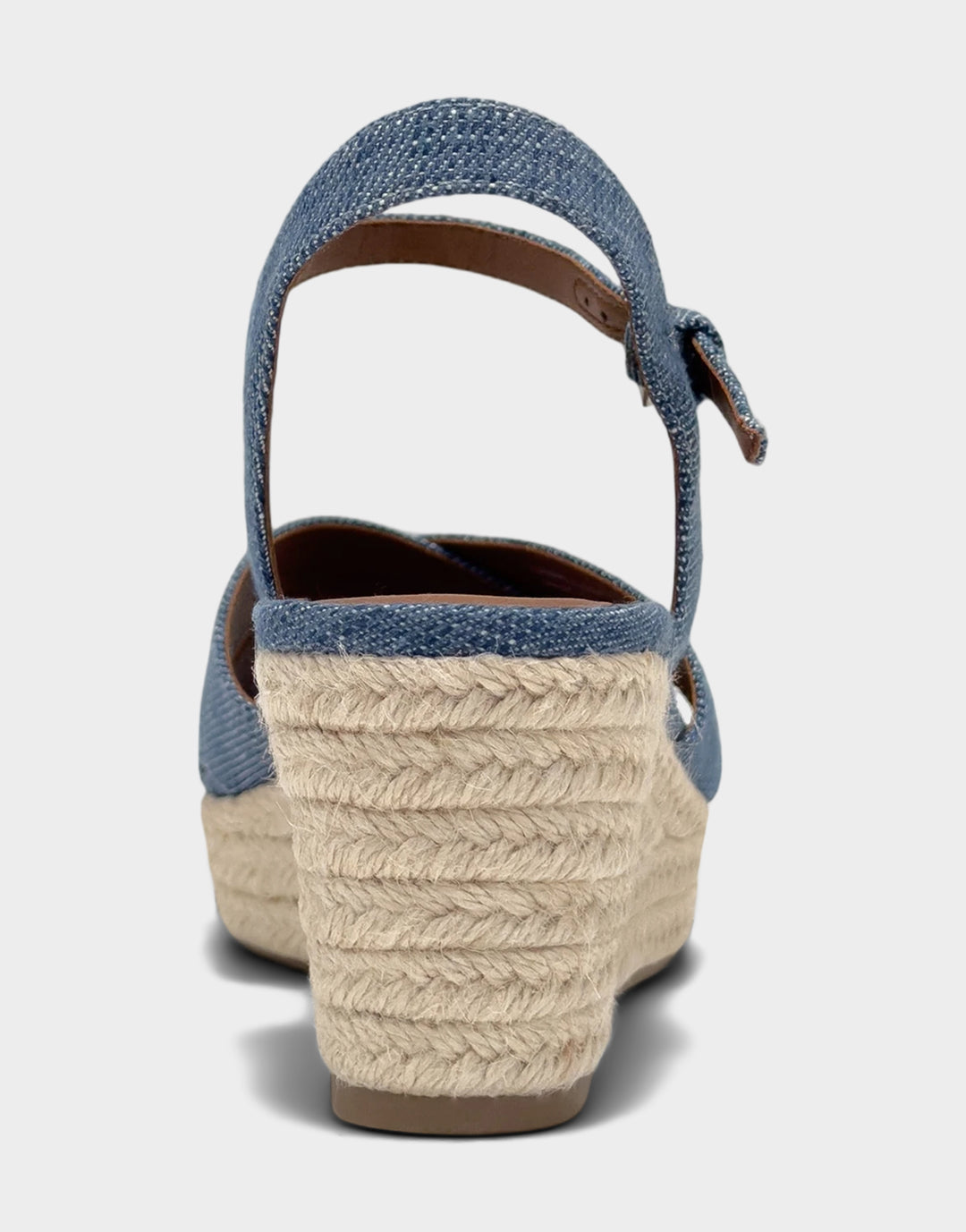 Comfortable Women's Wedge Sandal in Blue Denim Back View