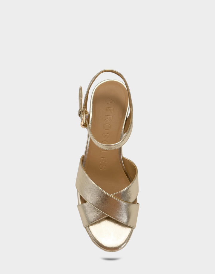 Comfortable Women's Wedge Sandal in Metallic Faux Leather Full Front View