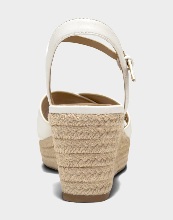 Comfortable Women's Wedge Sandal in White Faux Soft Leather Back View