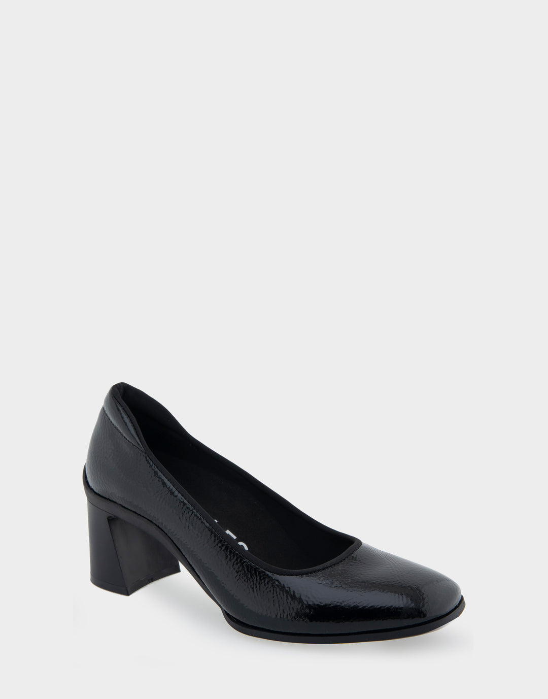 Comfortable Women's Mid Heel Pump in Black Patent Faux Leather Angle View 
