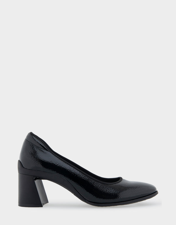 Comfortable Women's Mid Heel Pump in Black Patent Faux Leather Side View 
