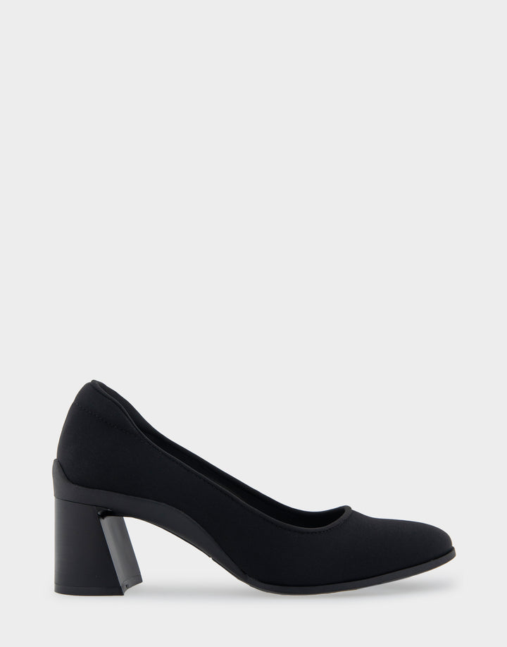 Comfortable Women's Mid Heel Pump in Black Stretch Fabric Stretch Fabric
Side View 
