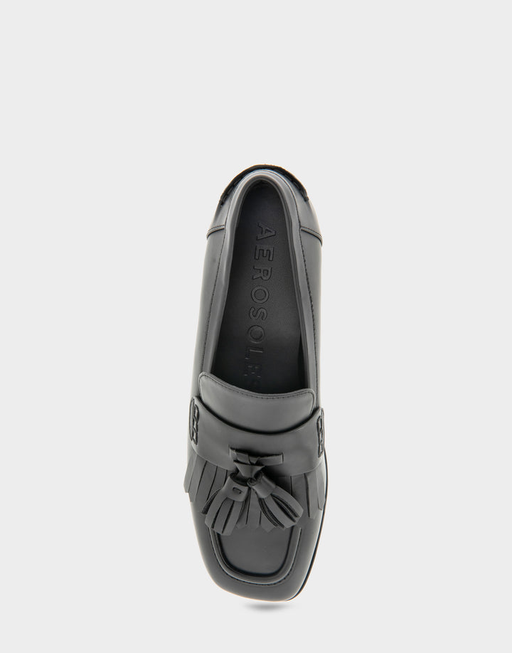Comfortable Women's Flatform Loafer In Black Faux Leather Top View 
