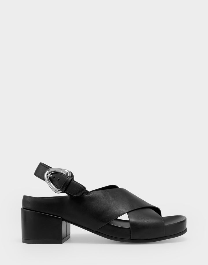 Comfortable Women's Heeled Sandal in Black Faux Calf Side View